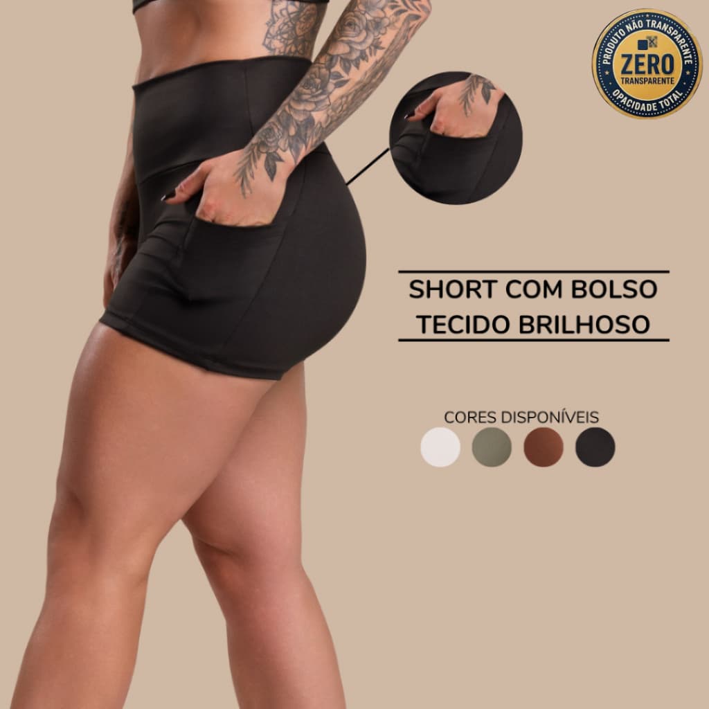 Short Fitness Feminino Com Bolso Cintura Alta Tecido Brilhoso Sem Transparência Fitness Academia ZERO TRANSPARÊNCIA