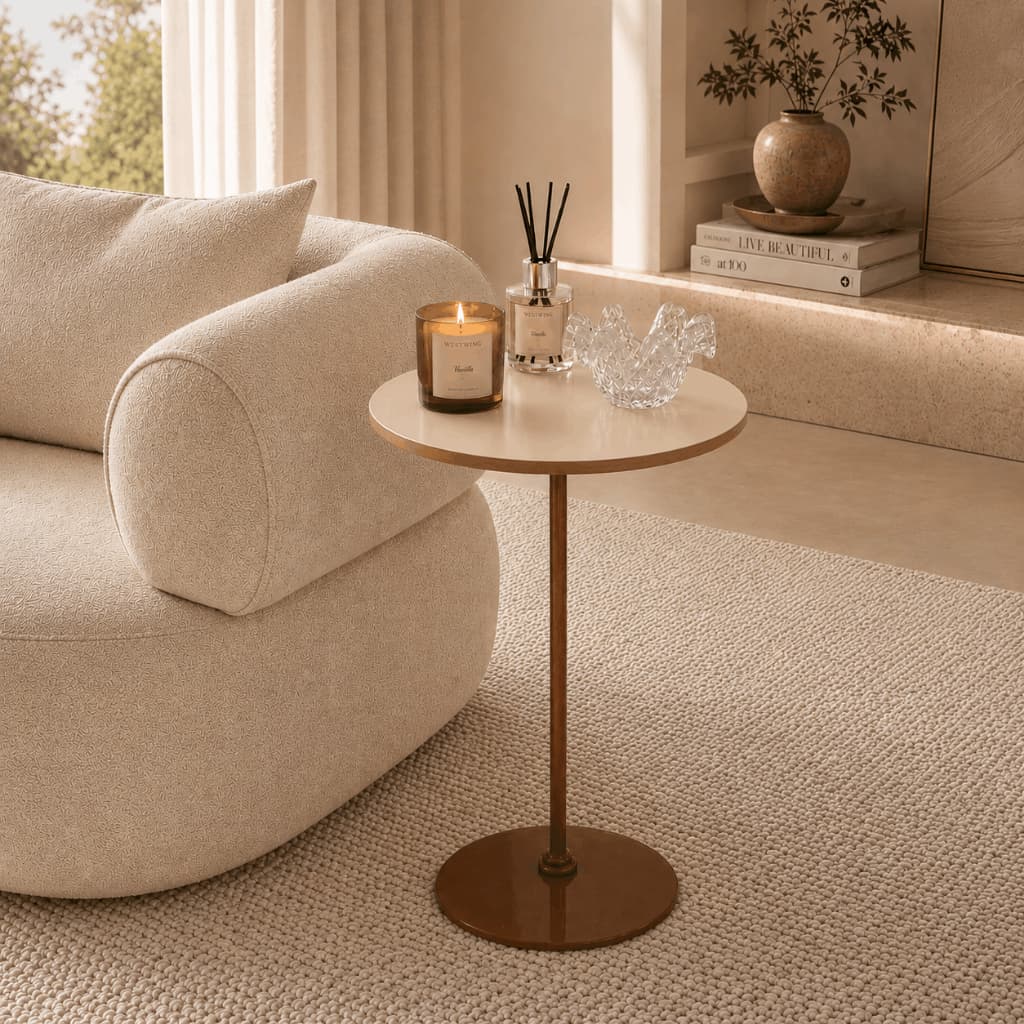Mesa Canto Lateral Cobre 60cm Apoio Sofá Decoração Minimalista Rose Gold Redonda Elegante