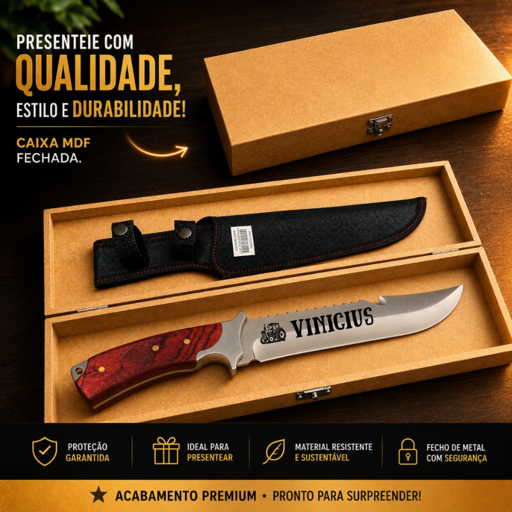 Faca com Caixa de Madeira Personalizada para Presente