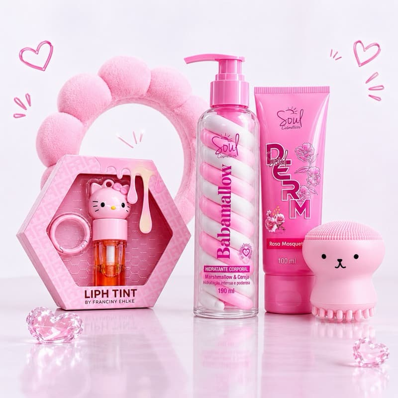 Kit Skincare Helo Kitty  Infantil Completo  Sérum + Sabonete Facial +Lip Gloss +Máscara Labial +Espuma Facial +Lenços