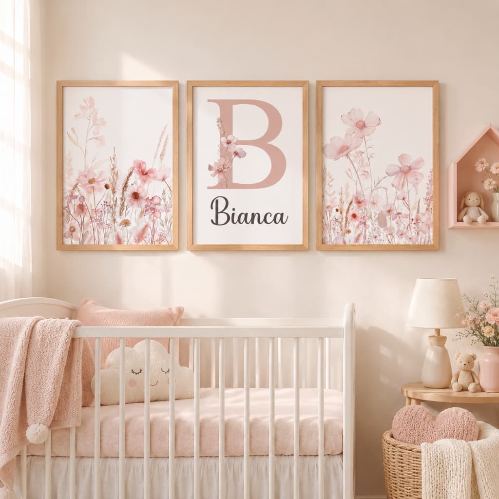 Kit 3 Quadros Decorativos Flores Rosa Jardim com Moldura Personalizado com Nome Bebê Quarto Menina
