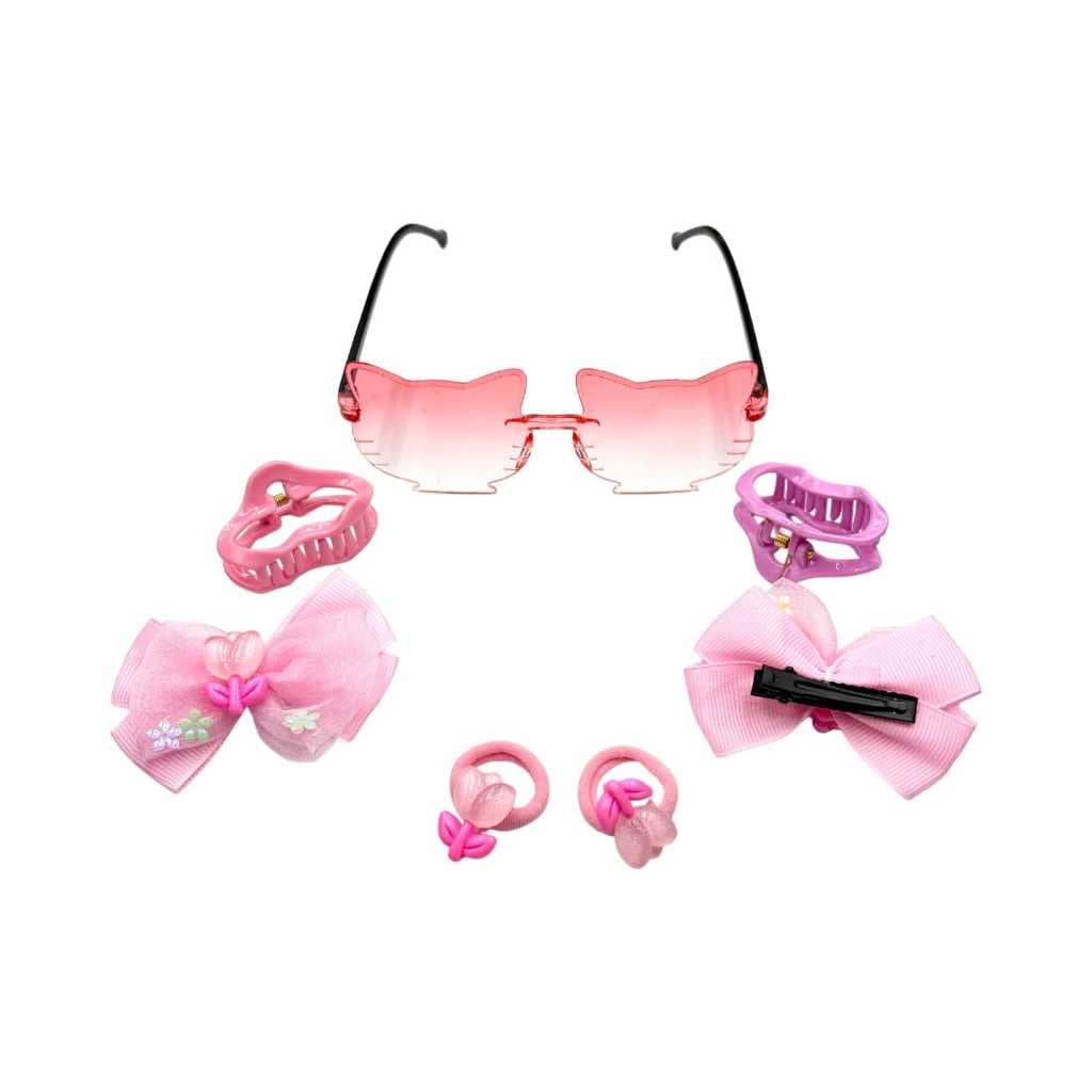 Kit Acessórios Infantis Menina Óculos de Sol Laço Piranha Cabelo Cartela com 7 Peças