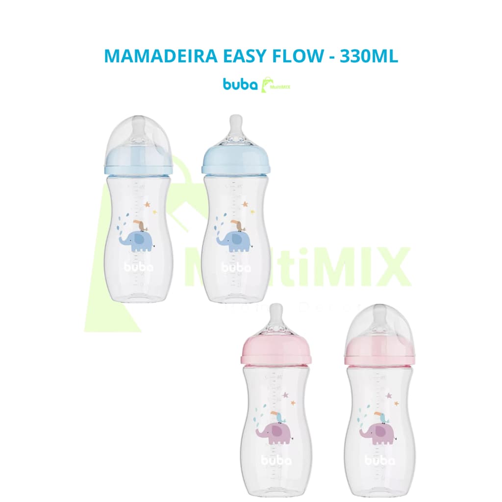Mamadeira BUBA Easy Flow Anti-cólica 4+ 330ML  ROSA / AZUL - Elefante , Bebe  - Bico Fluxo Tamanho 3