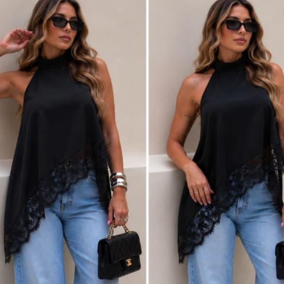 Blusa Feminina Gola Alta Crepinho Premium Assimétrica Renda Elegante Chic Casual Moda Sotisficado