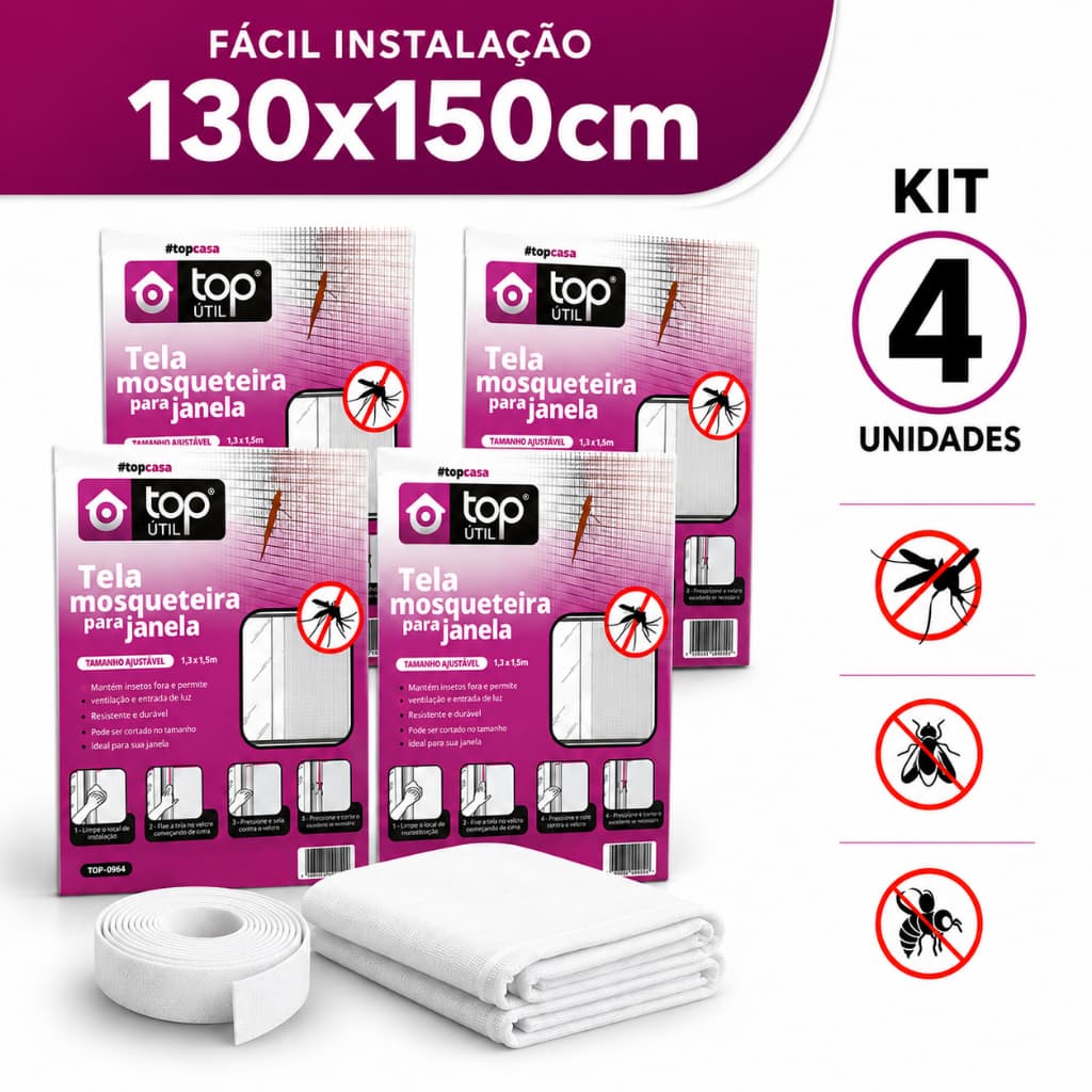 Kit 4 Tela Mosquiteiro com Velcro Adesivo para Janela Proteção Anti Insetos Pernilongo Mosquito