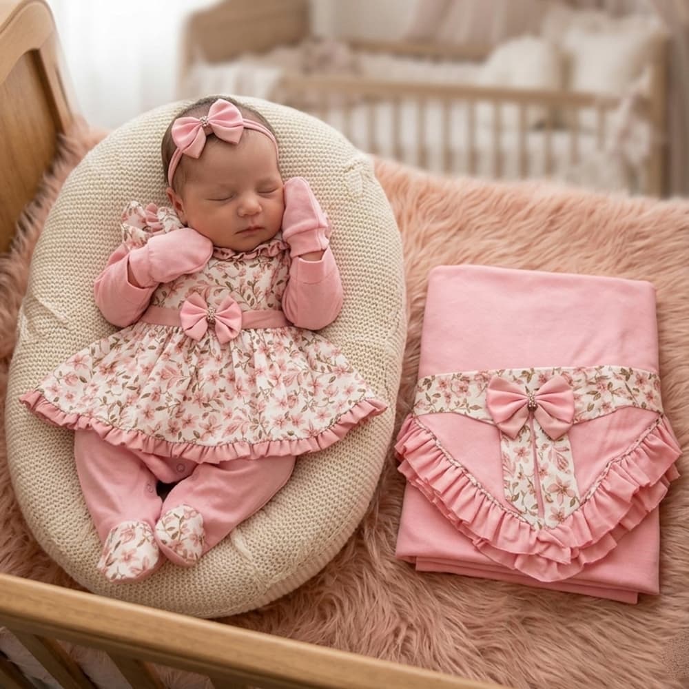 Saída De Maternidade Bebê Menina Delicada Amora Floral Capricho 05 Peças
