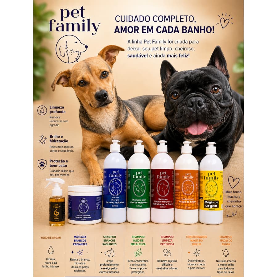 Shampoo, Condicionador e Máscara 500ml Pet Family Pronto para Uso Diversos Tipos