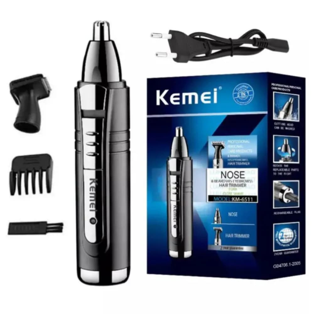 Kemei km 6511 aparador 2 em 1 recarregável para nariz, orelha, barba e sobrancelha.