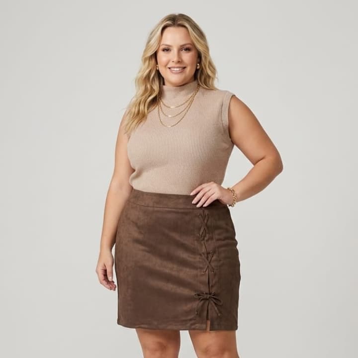 Mini Saia Suede Plus Size com Recorte Frontal e Ilhós — Estilo Moderno