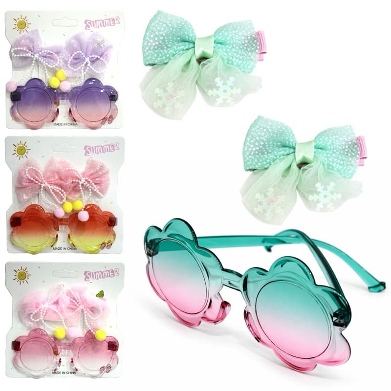Kit Beleza Infantil Com Óculos Flor + 2 Acessórios Para cabelo Presilhas Laço