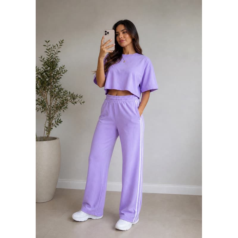 Calça Feminina Wide Leg Pantalona Moletinho Algodão Premium Inverno Track c/ Listra s/ Pelúcia
