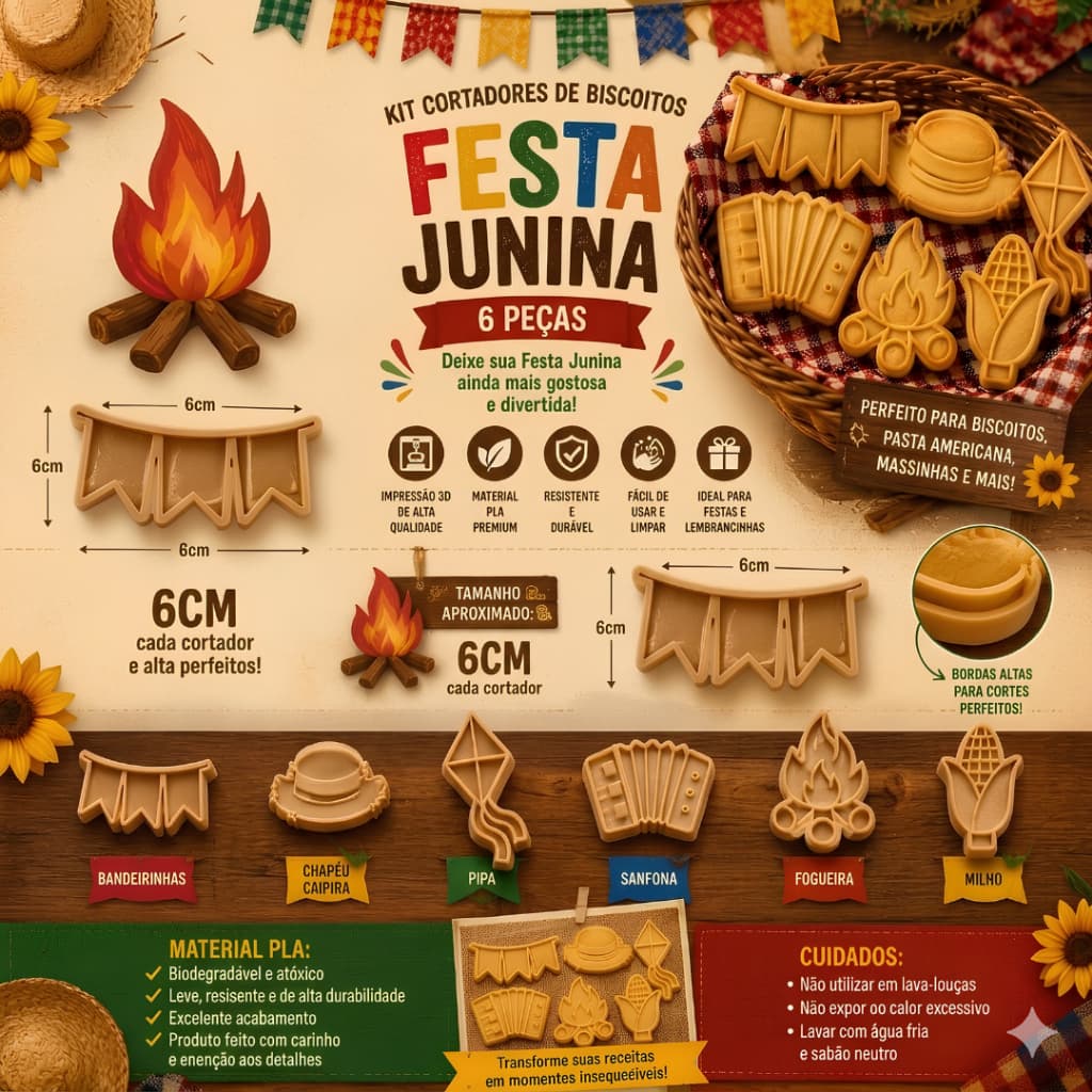 Kit 6 Cortadores de Cookie Biscoito Festa Junina Arraial São João Decoração Confeitaria Biscuit