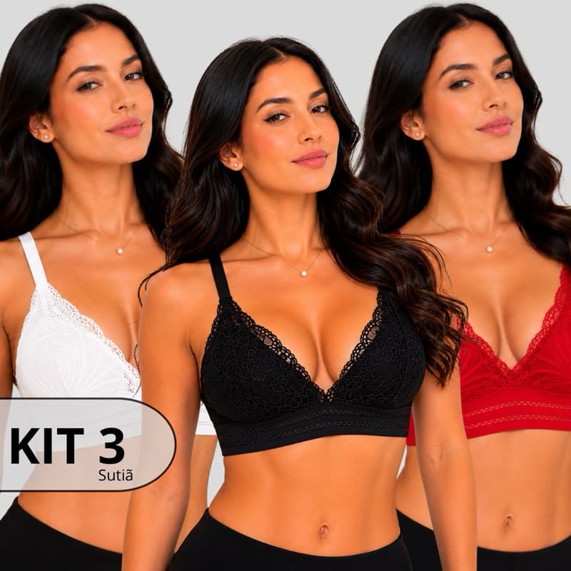KIT 3 Sutiã/Top dia dos namorados renda forrado sem bojo romantico sem bojo
