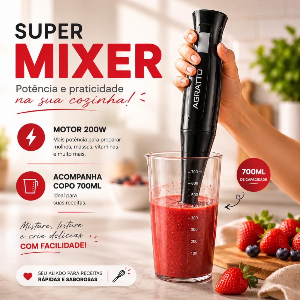 Misturador Elétrico Mixer Turbo Liquidificador Potente Manual Agratto 127V Batedeira de Mão