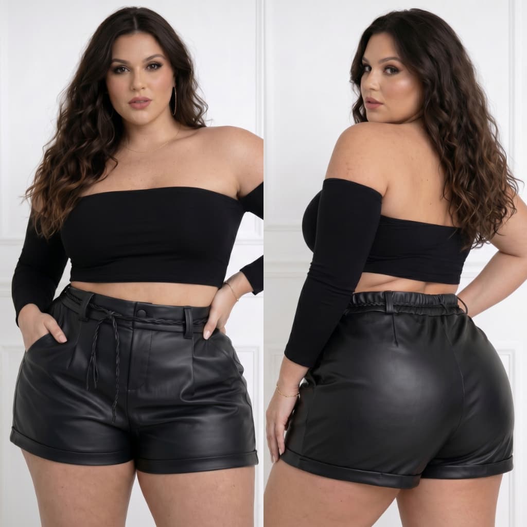 Short Feminino Plus Size De Couro Fake Com Cinto Cordinha Trançada Cintura Alta Botão Preto Inverno