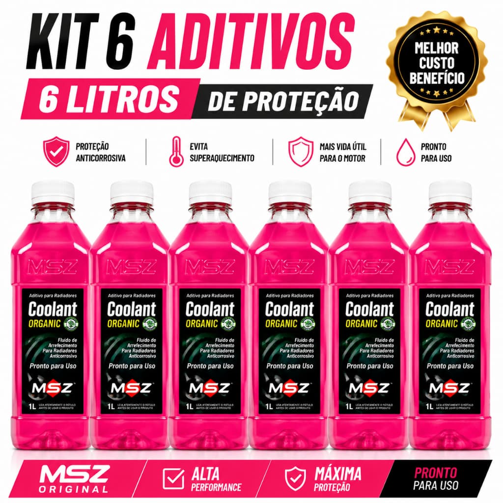 Kit 6 Aditivos Radiador MSZ Rosa 1L Pronto Uso Anticorrosivo Evita Superaquecimento