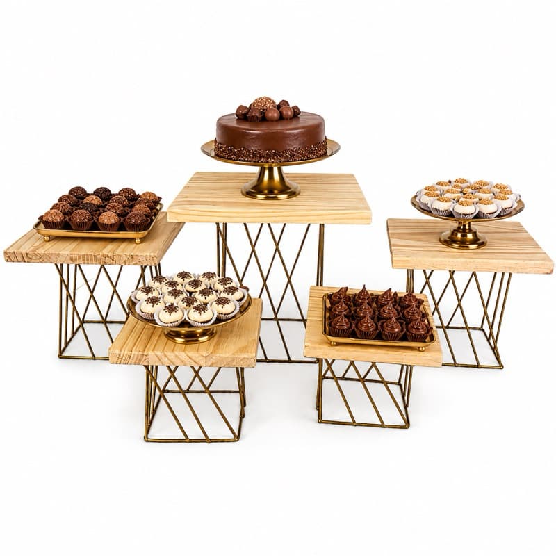 Kit Suportes para Doces e Boleiras 5 Peças em Ferro Dourado e Madeira | Decoração para Festas