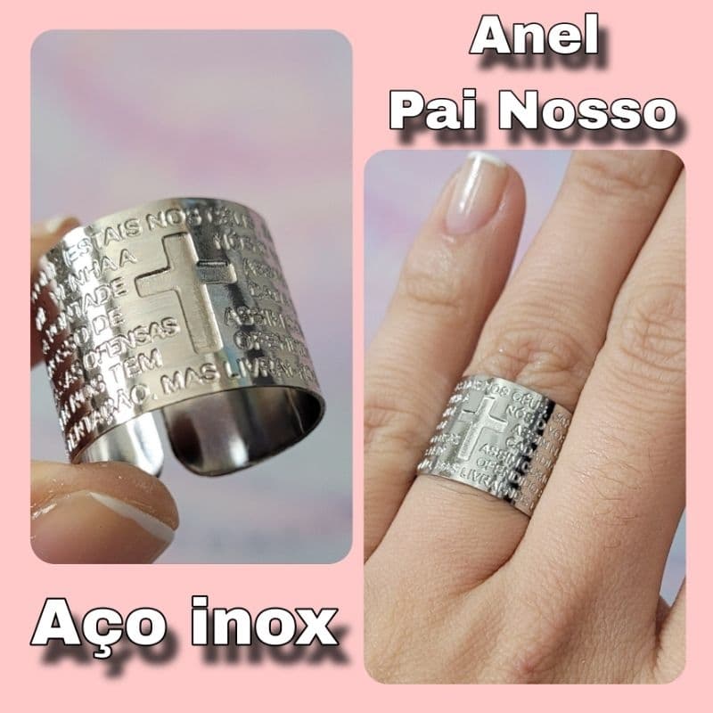 Anel Oração Pai Nosso Aço Inox Aço Cirúrgico Regulável fé proteção amuleto religião religioso