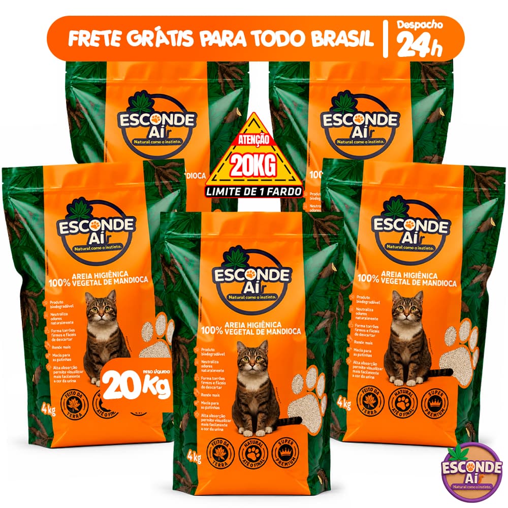 Areia de Mandioca Esconde Ai Granulado Sanitário Higiênico Para Gatos Biodegradável de 4KG a 20KG