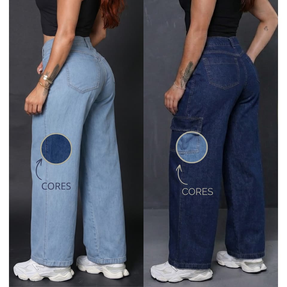 Calça Jeans Feminina Wide Leg Cargo Pantalona e Mom Cintura Alta Efeito Levanta Bumbum