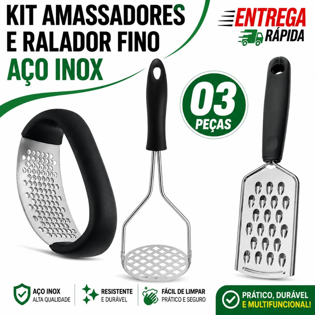 Kit 3 Peças Premium Amassador de Alho e Batatas + Ralador Fino Manual em Aço Inox Profissional ,Cozinha Restaurante Buf