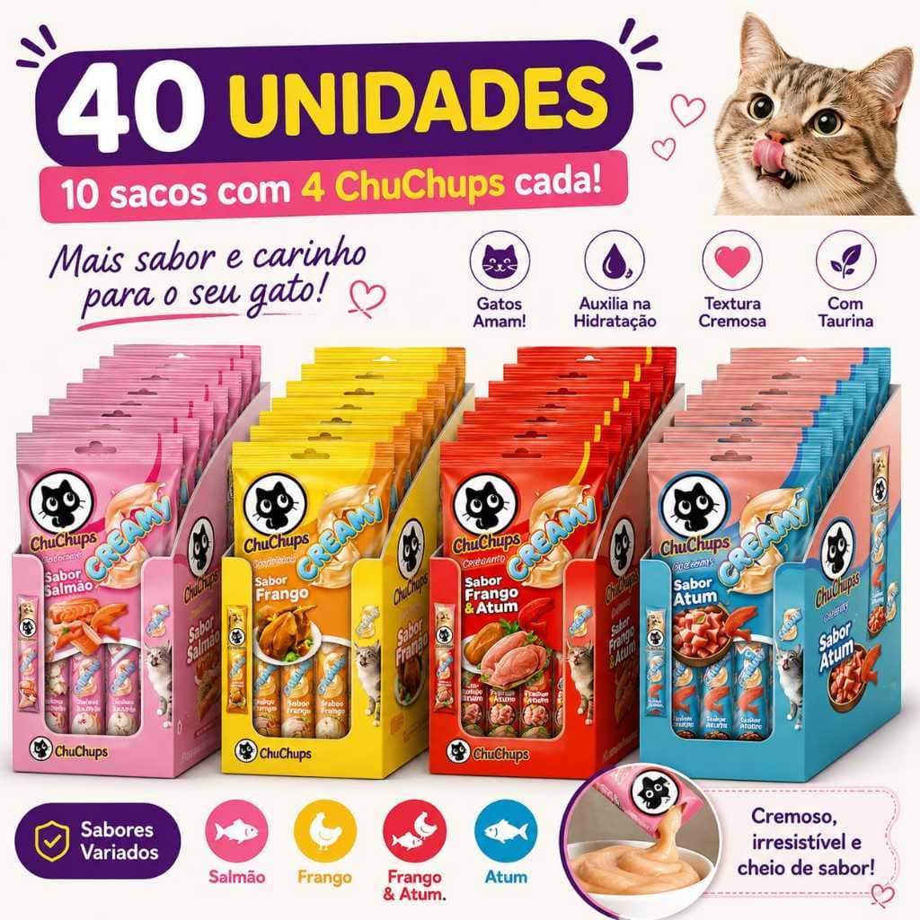ChuChups Creamy 40 unidades Petisco Para Gatos 40 Sachê 15g cada