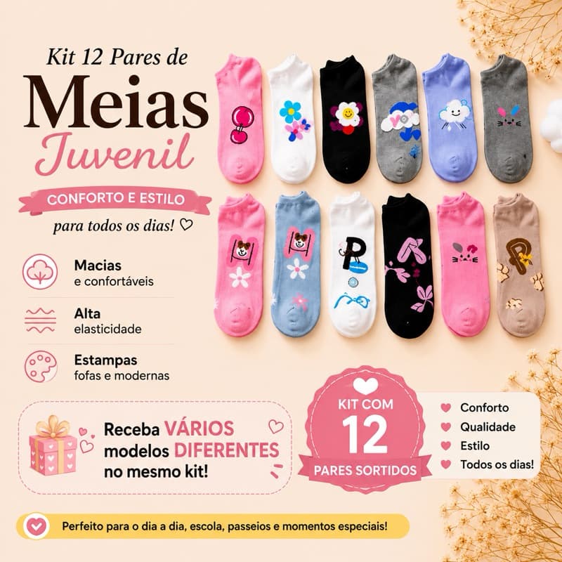 kit 6 e 12 Pares Meia Garota e Juvenil Cano Curto Vários Modelos Menina