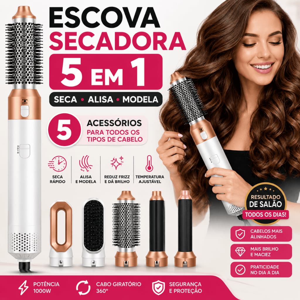 Escova Secadora 5 Em 1 Profissional Rotativa Seca Alisa Modela Com Acessórios