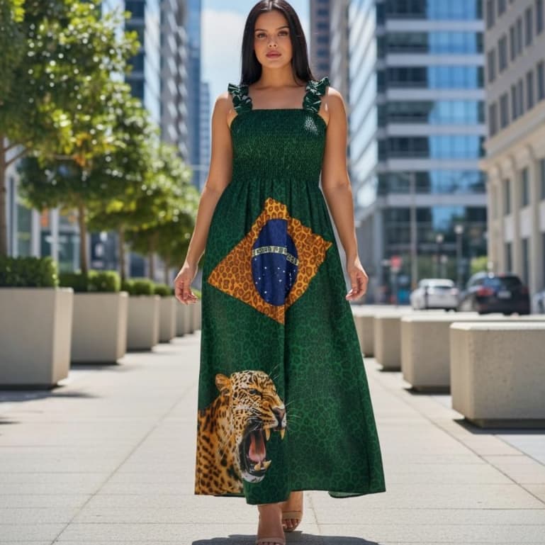 Vestido Longo Temático Brasil  Estampa Onça e Bandeira