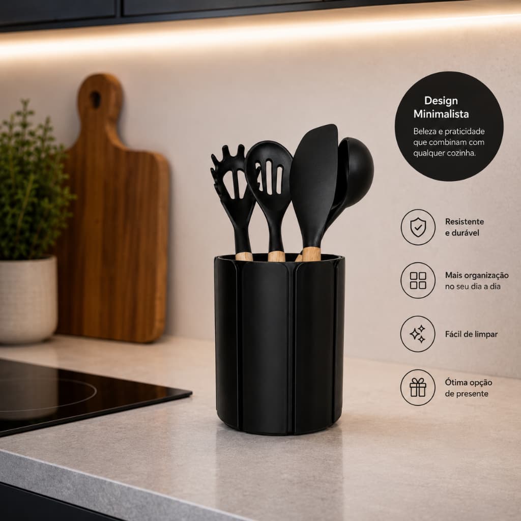 Porta Utensílios para Cozinha de Plástico Canelado Organizador de Talheres Facas Garfos Colheres Info