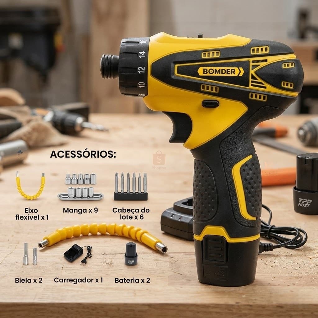 Parafusadeira Furadeira 12v Torque Profissional Com 2 Baterias Bomvink BOM-9965 Maleta E Acessórios