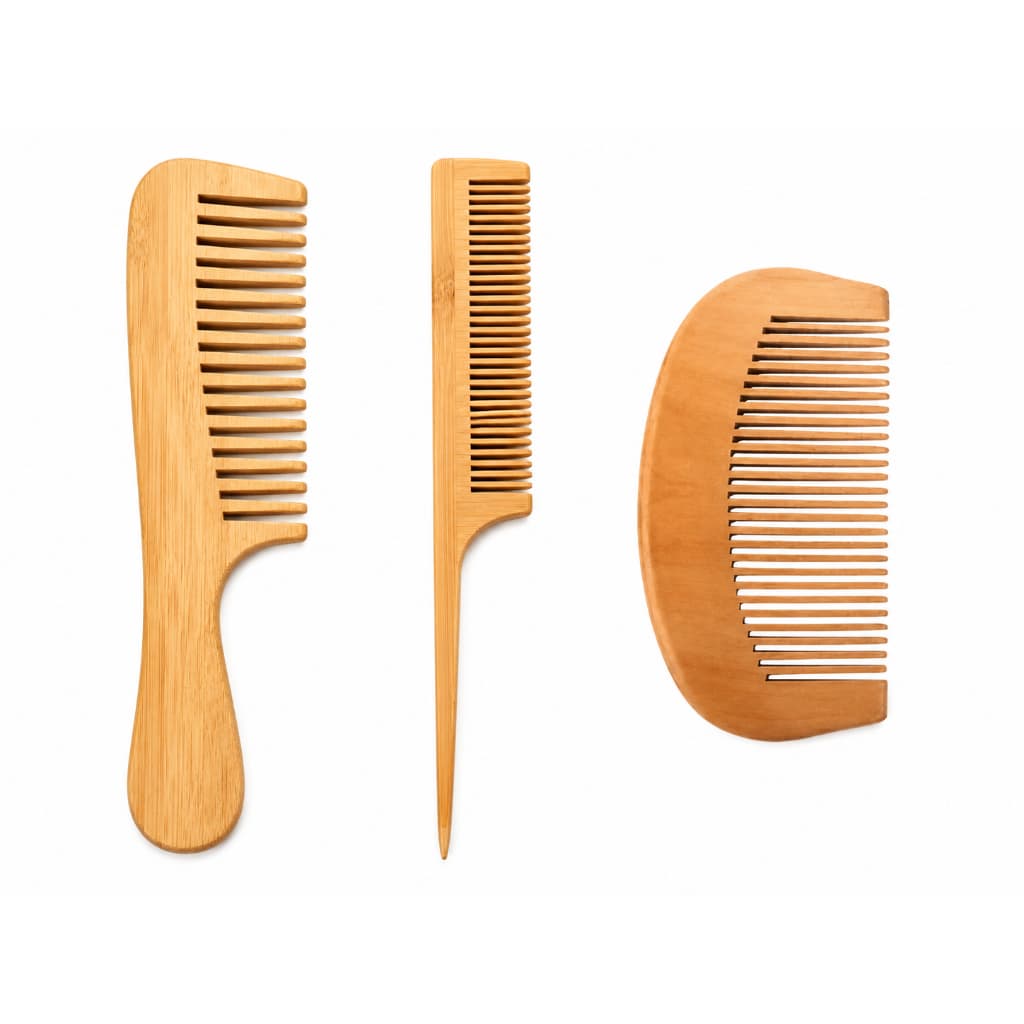 Kit 3 Pentes de Madeira Natural Profissional para Cabelo e Barba