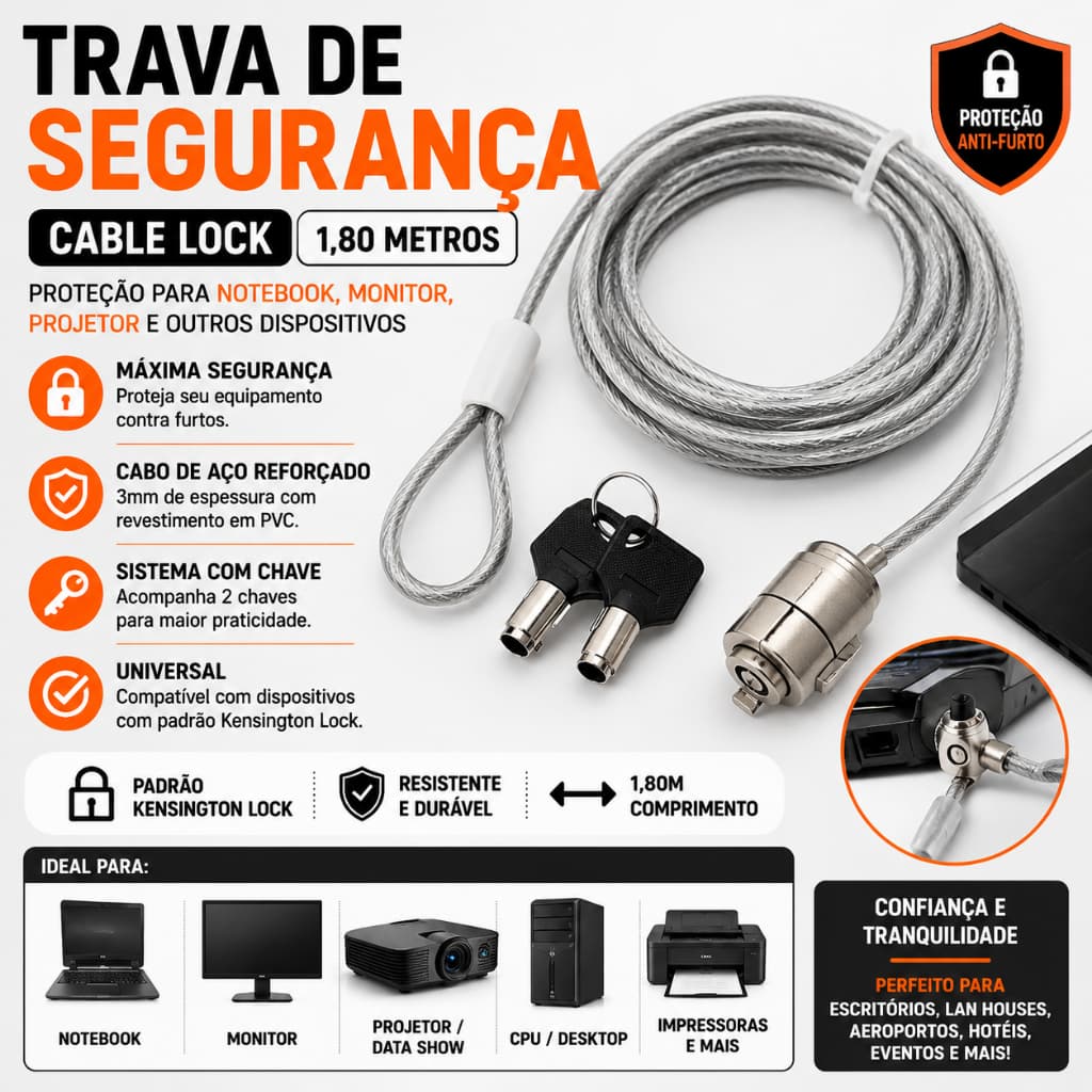 Trava Segurança Notebook Pc Cadeado 2 Chaves Cabo De Aço - Novo