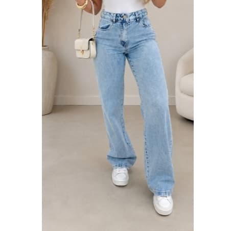 Calça Jeans Wide Leg Feminina Marmorizada Pantalona Boca Larga Cintura Alta Confortável Sofisticada