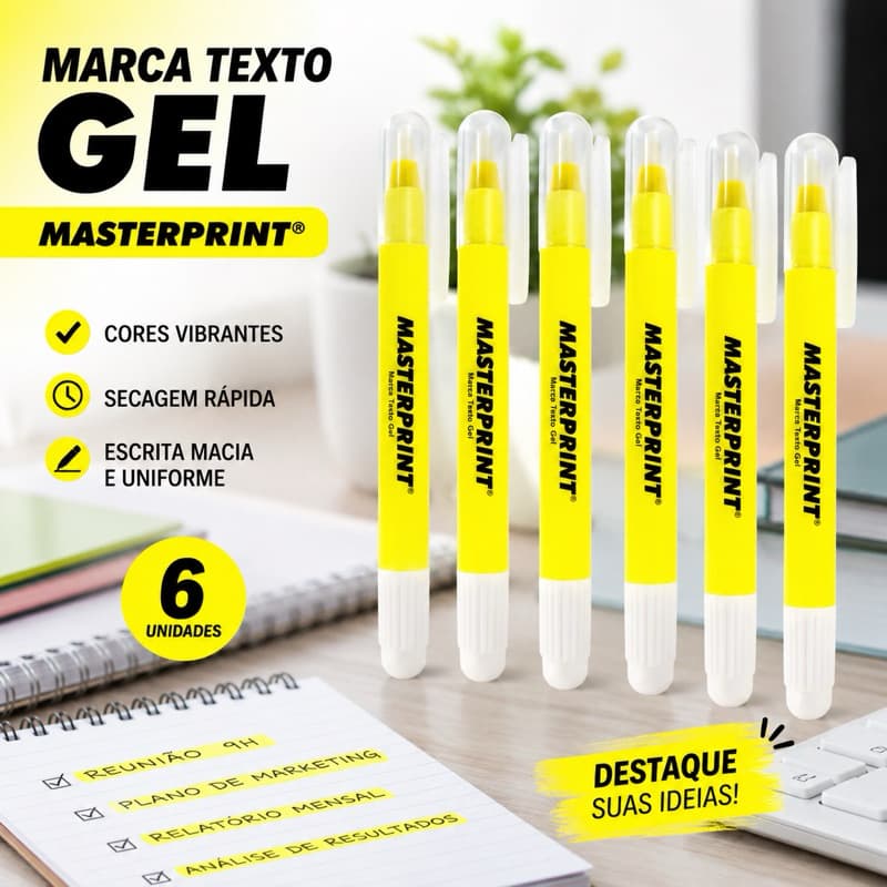 2, 6 ou 12 Unidades Caneta Marca Texto em Gel Masterprint Amarelo Neon MP613 Textos Traços Grossos