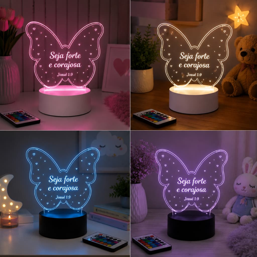 Abajur SEJA FORTE E CORAJOSA -  Presente para mulheres ou meninas - Luminária Borboleta Cristã