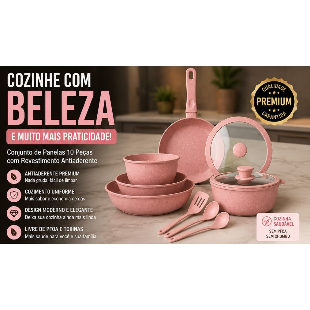 Panelas de Cerâmica com Cabo Removível Premium - Rosa -