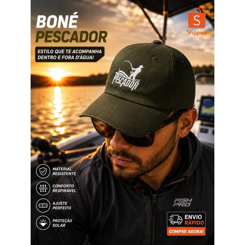 Boné Pescador Bordado Premium Aba Curva Ajustável Verde Militar