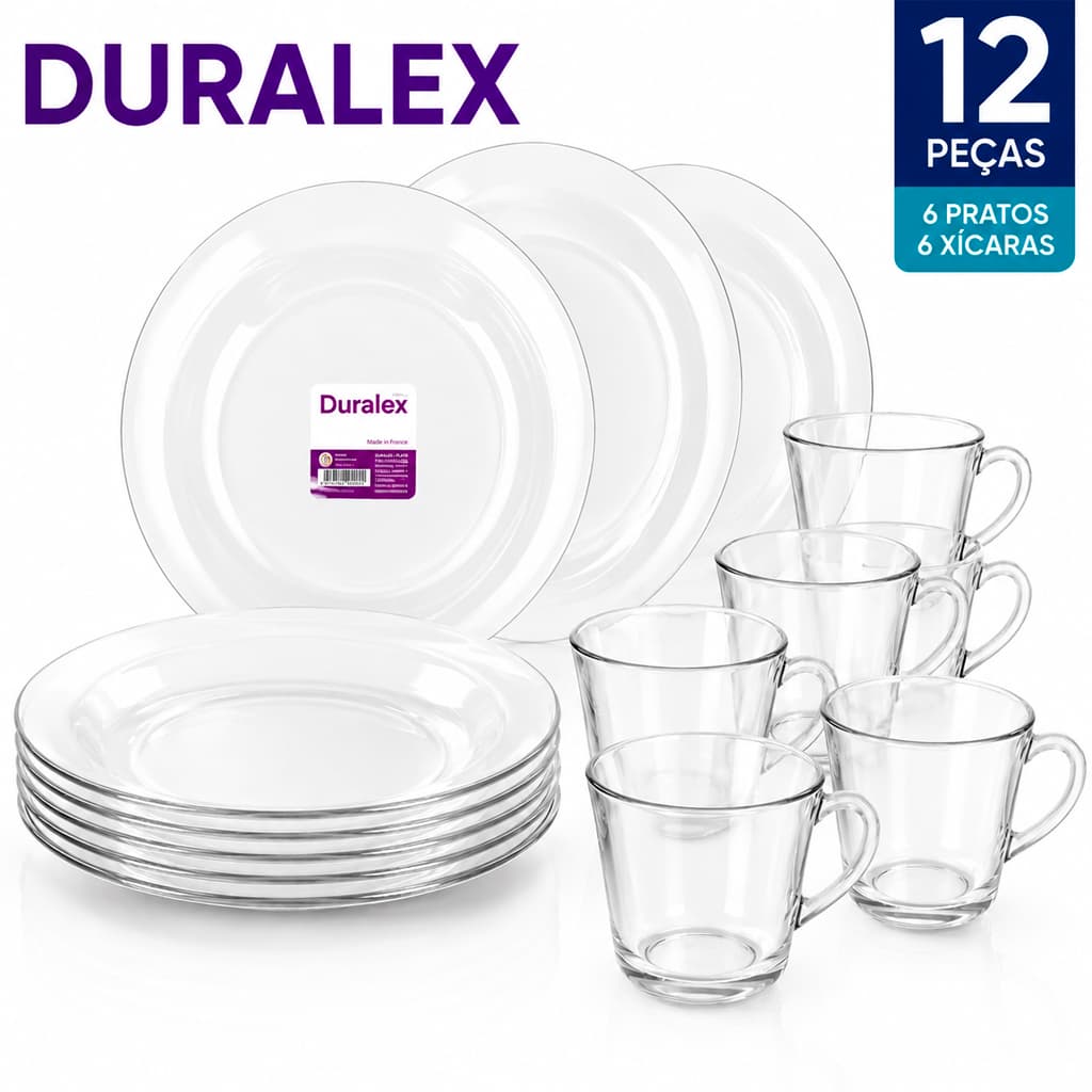 Conjunto Jogo 12 Pçs 6 Pratos Fundo Astral Transparente Duralex 6 Xicaras Sino 200ml Vidro Elegancia