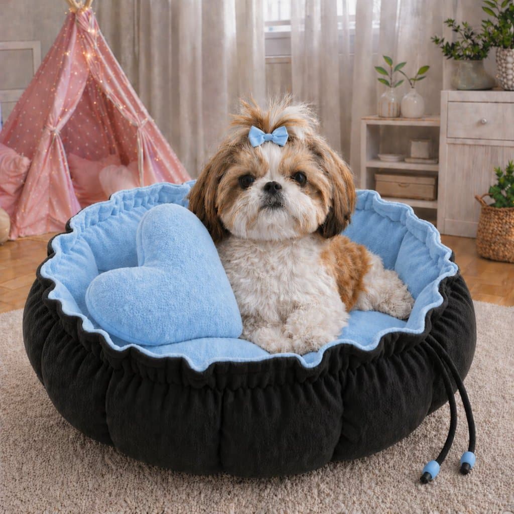 Caminha Redonda, com almofada de coração Azul Preto Cama Pet Londres Fresquinha Gato