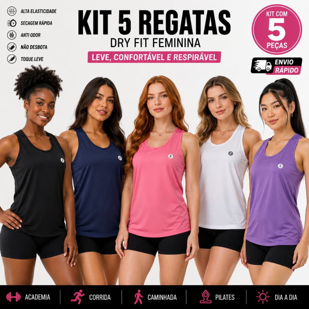 Kit 5 Regatas Dry Fit Feminina Academia Fitness Costas Nadador Treino Leve e Respirável