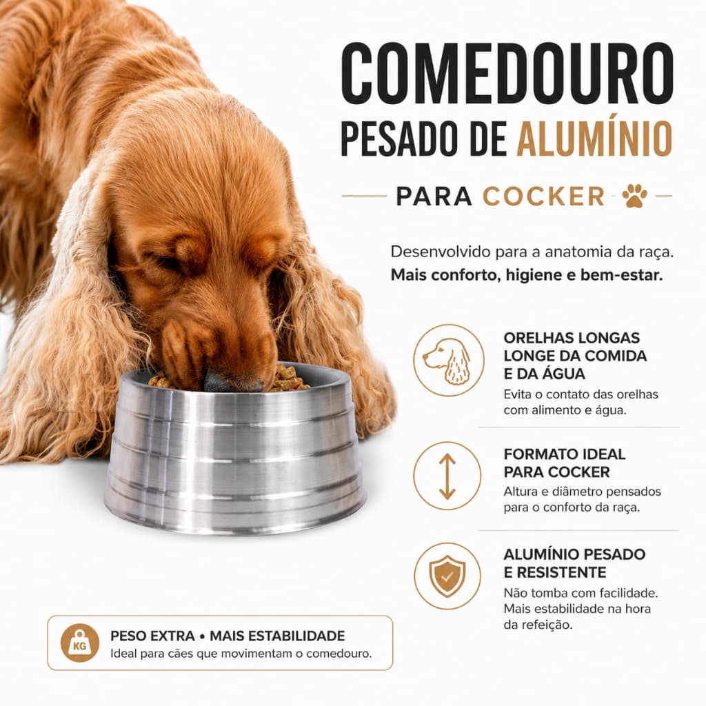 Comedouro Para Cocker Exclusivo Alumínio Pesado Não Arrasta Orelhas Longas 1000ml