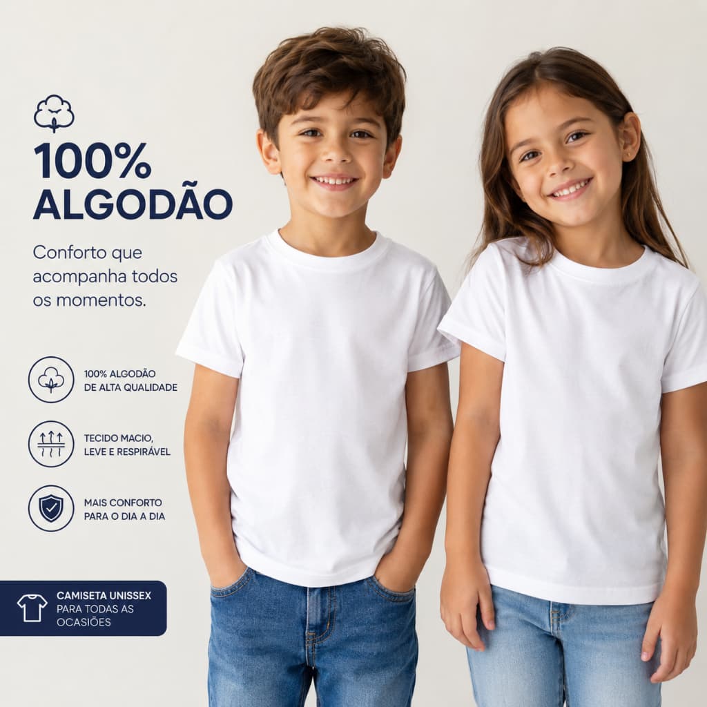 Camiseta Branca Infantil Unissex 01 ao 10 Anos | Camiseta para Escola Branca 100% algodão