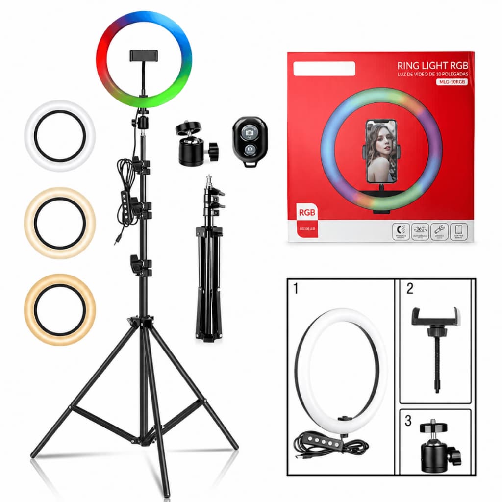 Ring Light Luz Rgb Colorida 26cm 10 Polegadas + Tripé 2.10m