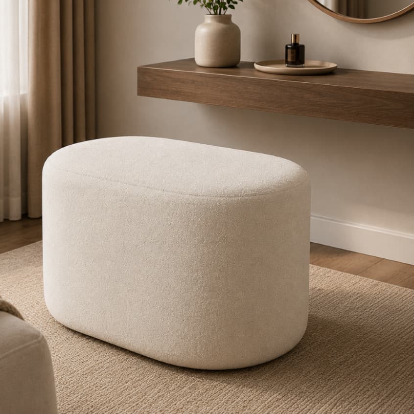 Puff Oval 65cm Bouclé Decoração Moderna Sala Quarto
