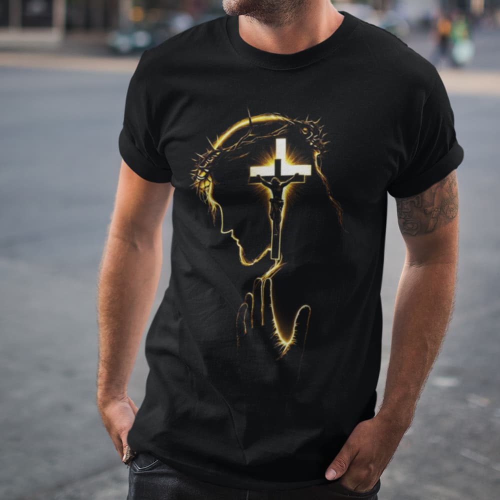 Camiseta Jesus Cristo Cruz Coroa Espinhos Dourada Preta Religiosa Cristã Masculina Premium