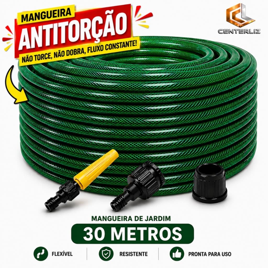 Mangueira Multiuso Antitorção 30 Metros Verde e Preto para Jardim Quintal e Uso Doméstico