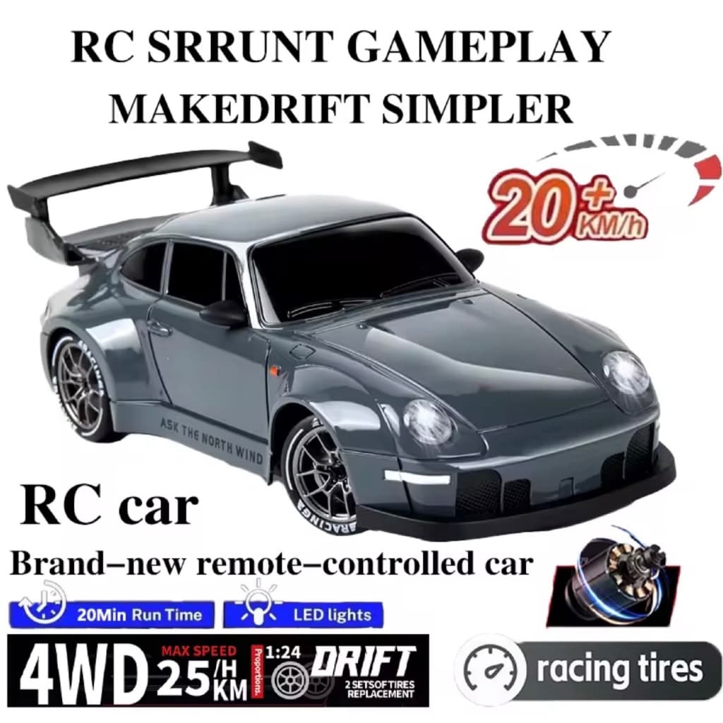 Carro de Controle Remoto Drift 4WD Escala 1:24 – Alta Velocidade 25km/h com Faróis LED Cor Cinza
