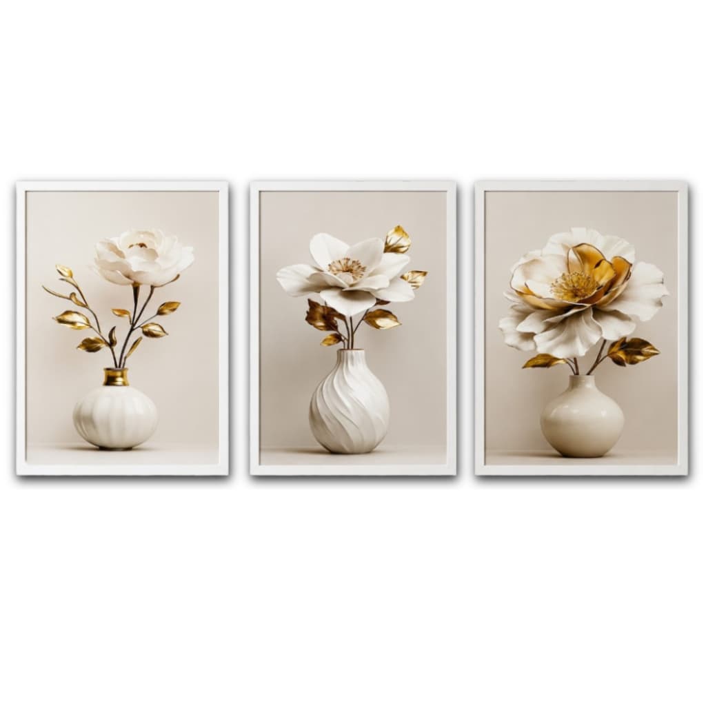 Quadro Decorativo com Moldura Trio Vasos Flores Brancas Dourado Moderno Decoração Sala e Escritório