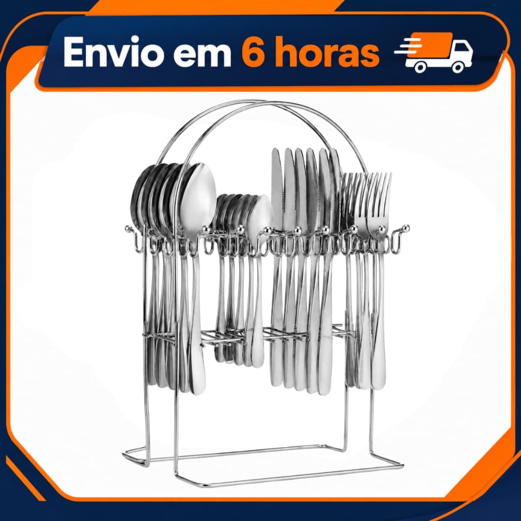 Faqueiro Inox 24 Peças Com Suporte Organizador Prata Jogo De Talheres Aço Inoxidável Mesa Posta
